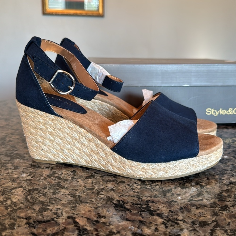 Style & Co. Navy Espadrille Wedge with Ankle Buckle - Runs BIG (Like 8.5)